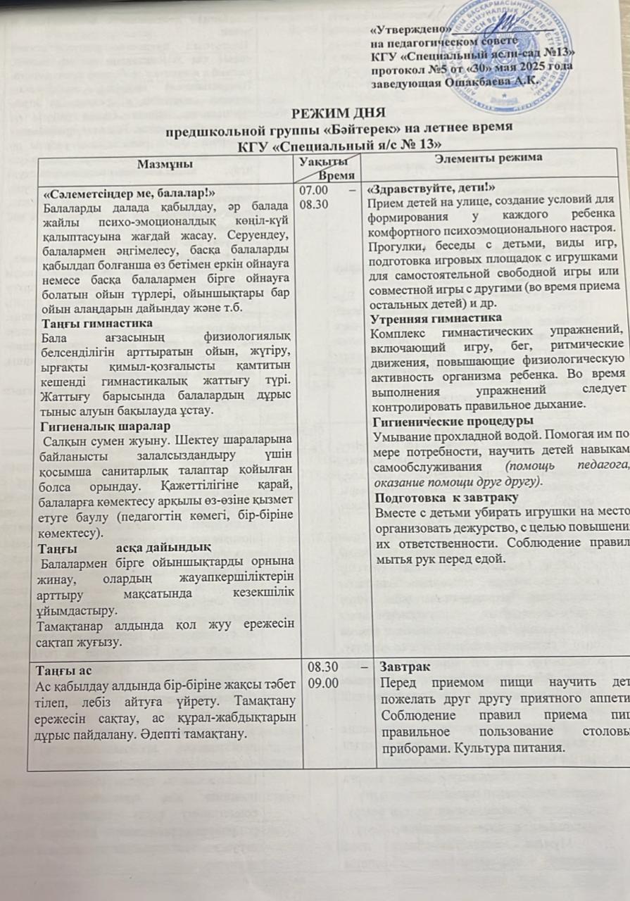 Режим дня предшкольной группы "Бәйтерек"