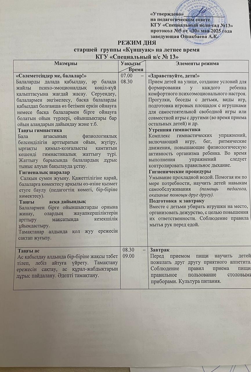 Режим дня старшей группы "Күншуақ"  на летнее время
