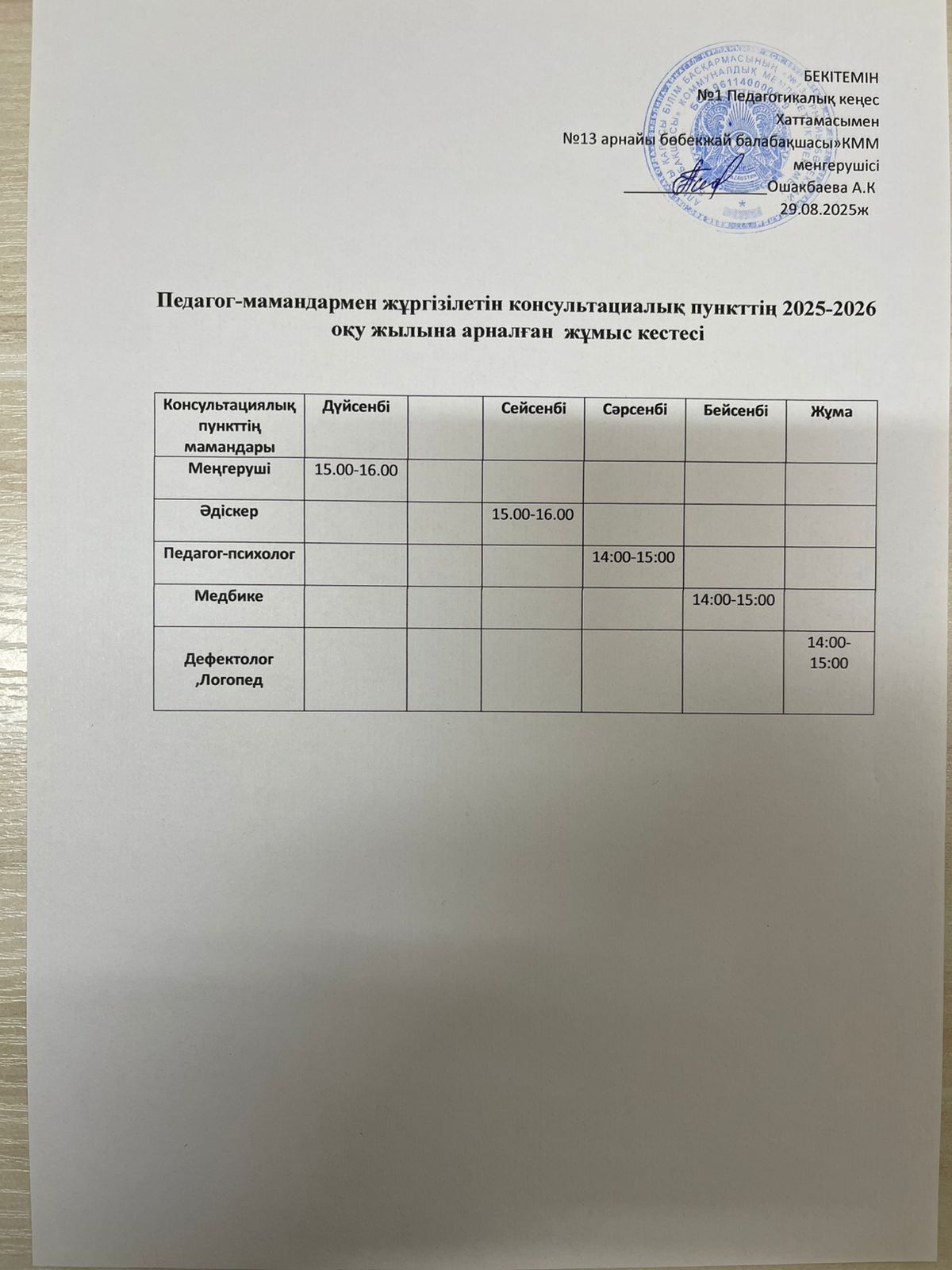 Консультациялық пункттің 2025 - 2026 оқу жылына арналған жұмыс кестесі